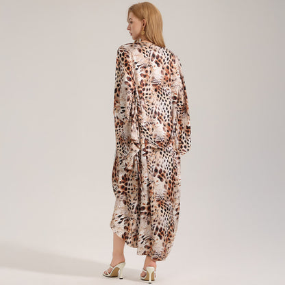 Peignoir kimono artistique marron à imprimé léopard