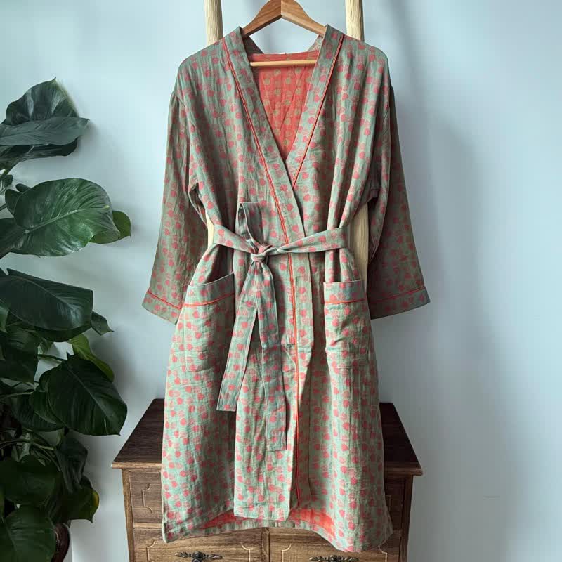 Kimono en coton orange à imprimé monstera