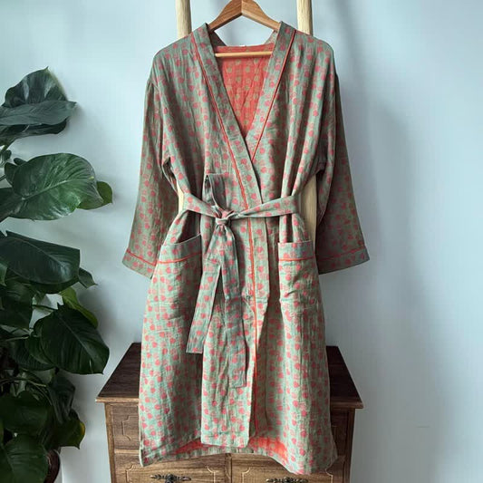 Kimono en coton orange à imprimé monstera