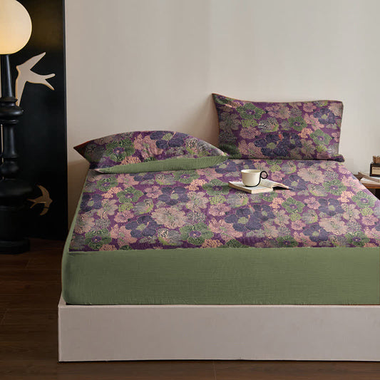 Drap-housse en coton jacquard à motif fleur de pêcher - Drap avec 2 taies d'oreiller - 200 cm x 220 cm - image 0