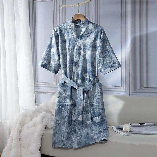 Peignoir unisexe en gaze de coton à motif floral, bleu