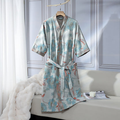 Peignoir unisexe en gaze de coton à motif pivoine bleue