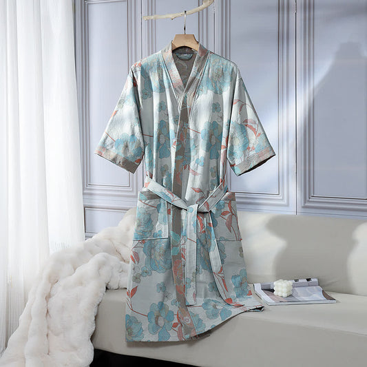 Peignoir unisexe en gaze de coton à motif pivoine bleue