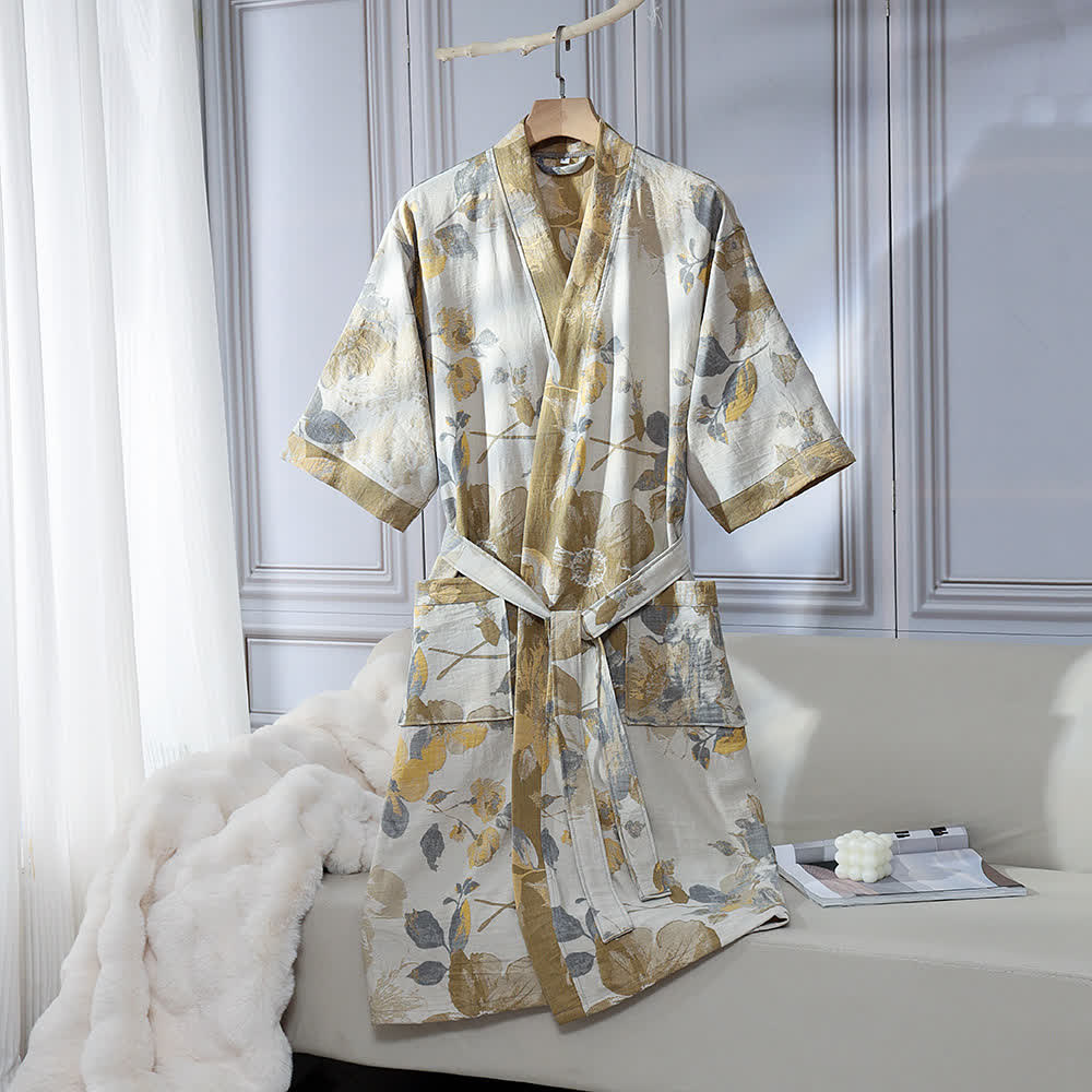 Peignoir unisexe jaune en gaze de coton à motif floral