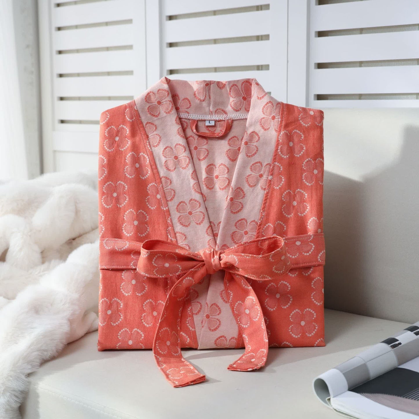 Peignoir kimono en gaze de coton avec trèfle à quatre feuilles