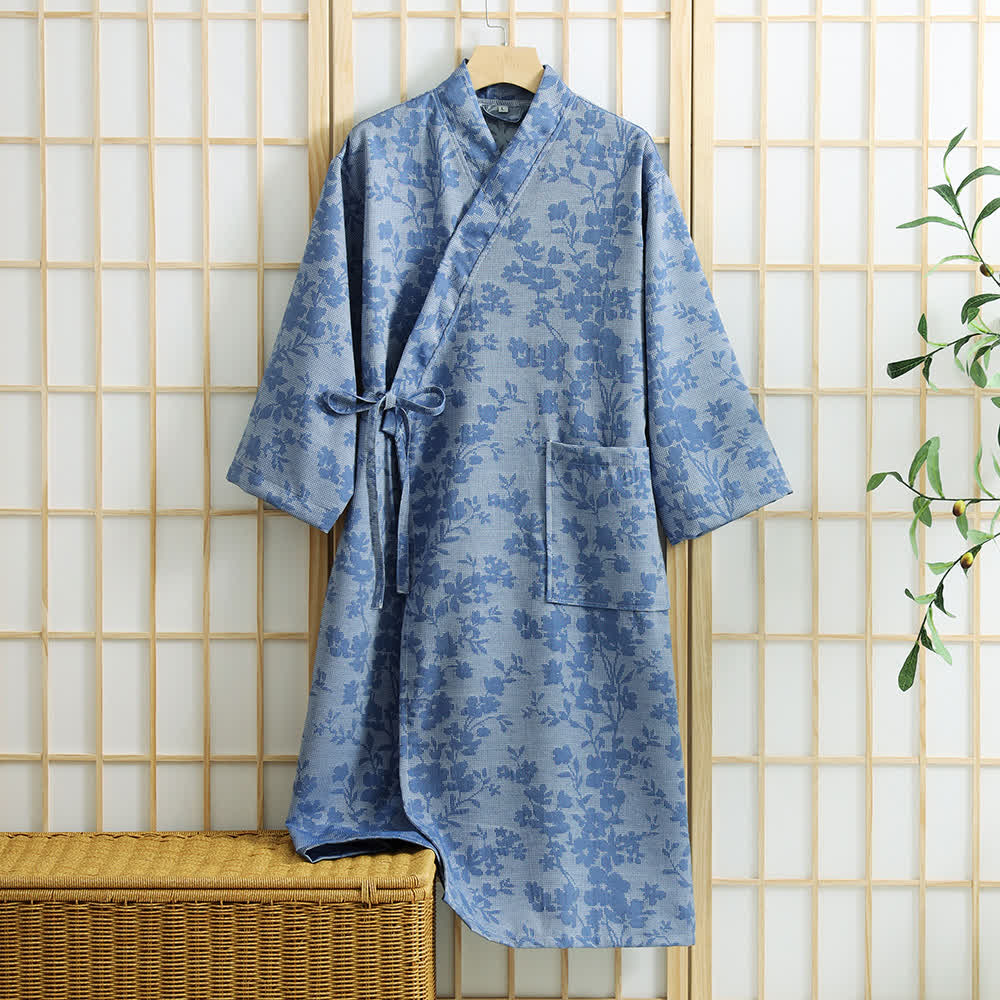 Peignoir kimono discret à motif floral et poche - Bleu - XL - image 4