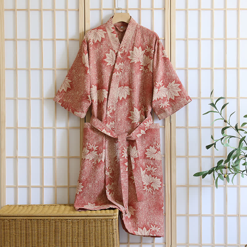 Peignoir kimono en gaze de coton imprimé feuilles d'érable