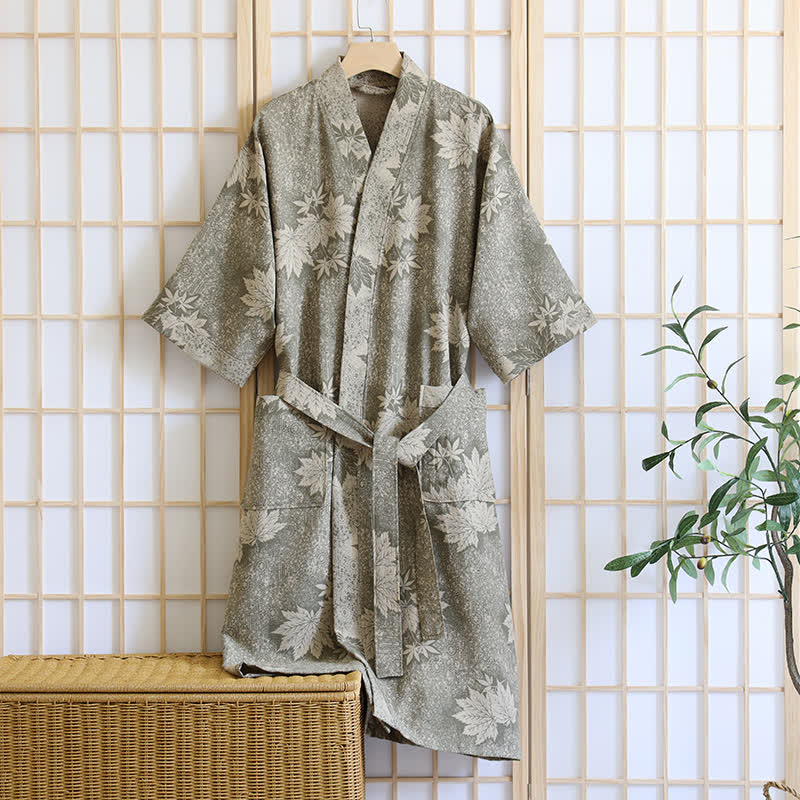 Peignoir kimono en gaze de coton imprimé feuilles d'érable