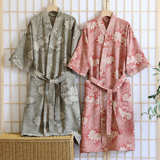 Peignoir kimono en gaze de coton imprimé feuilles d'érable