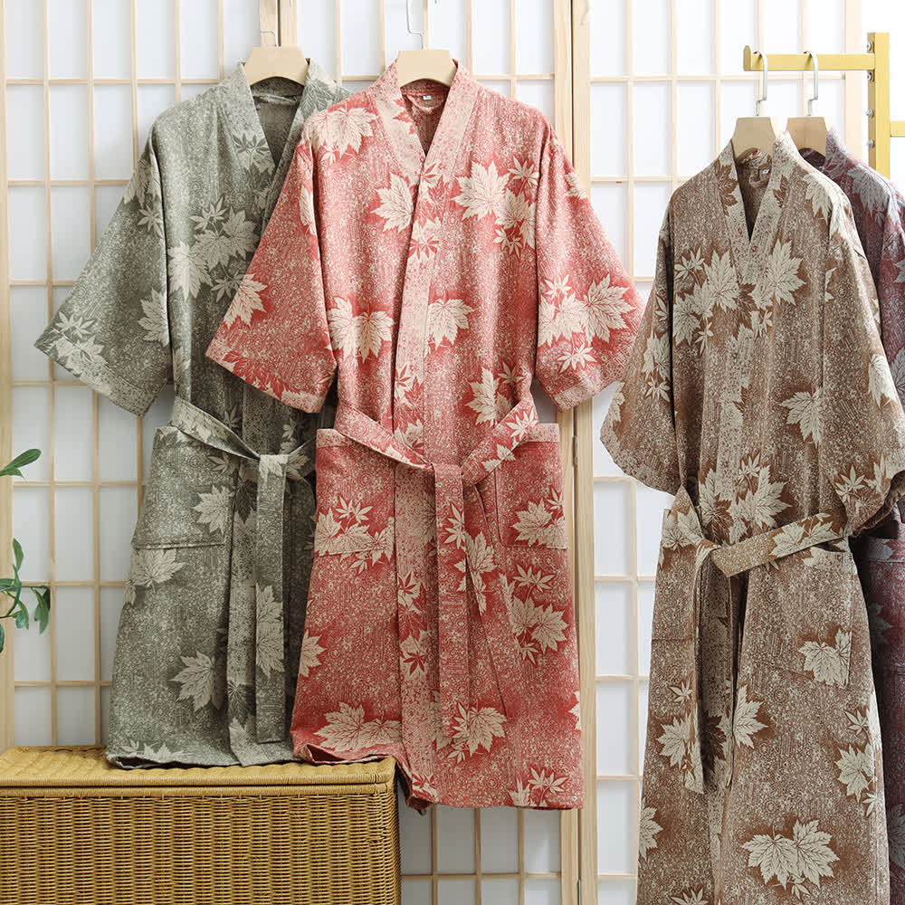 Peignoir kimono en gaze de coton imprimé feuilles d'érable