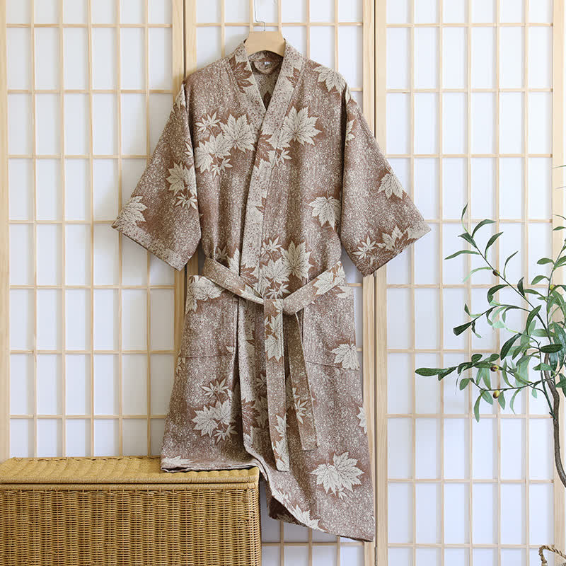 Peignoir kimono en gaze de coton imprimé feuilles d'érable