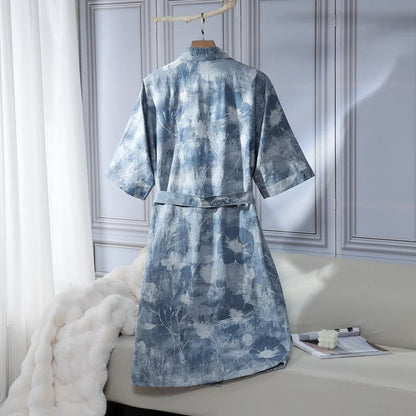 Peignoir unisexe en gaze de coton à motif floral, bleu