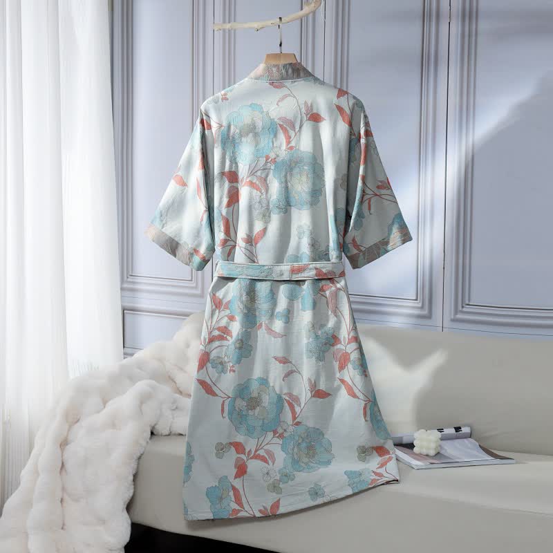 Peignoir unisexe en gaze de coton à motif pivoine bleue