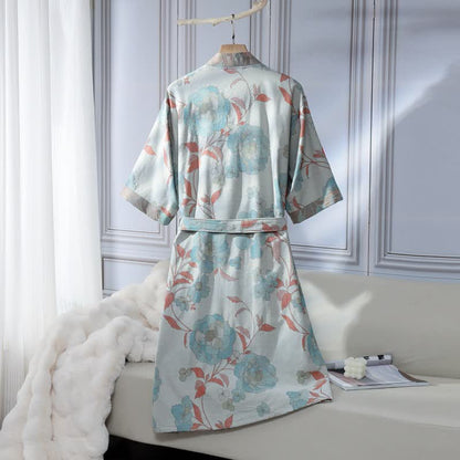 Peignoir unisexe en gaze de coton à motif pivoine bleue