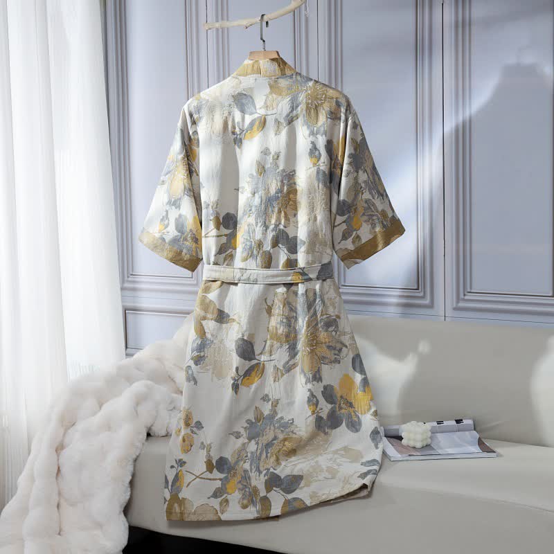 Peignoir unisexe jaune en gaze de coton à motif floral