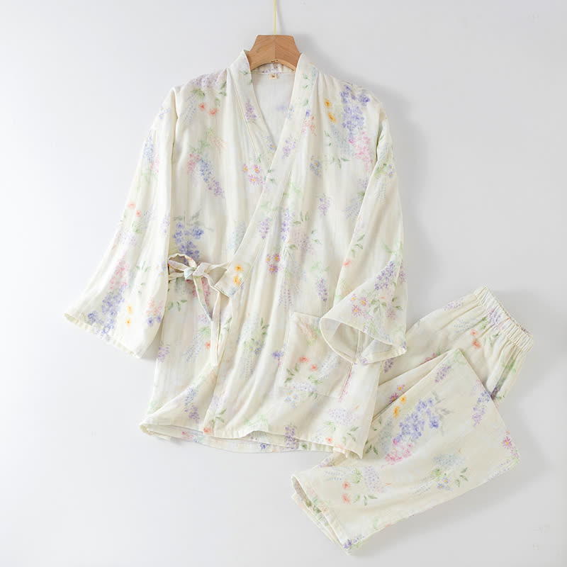 Pyjama japonais en gaze de coton à imprimé hortensia