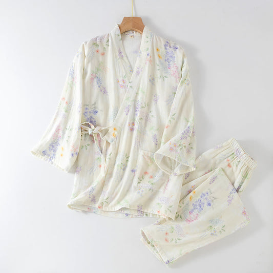 Pyjama japonais en gaze de coton à imprimé hortensia