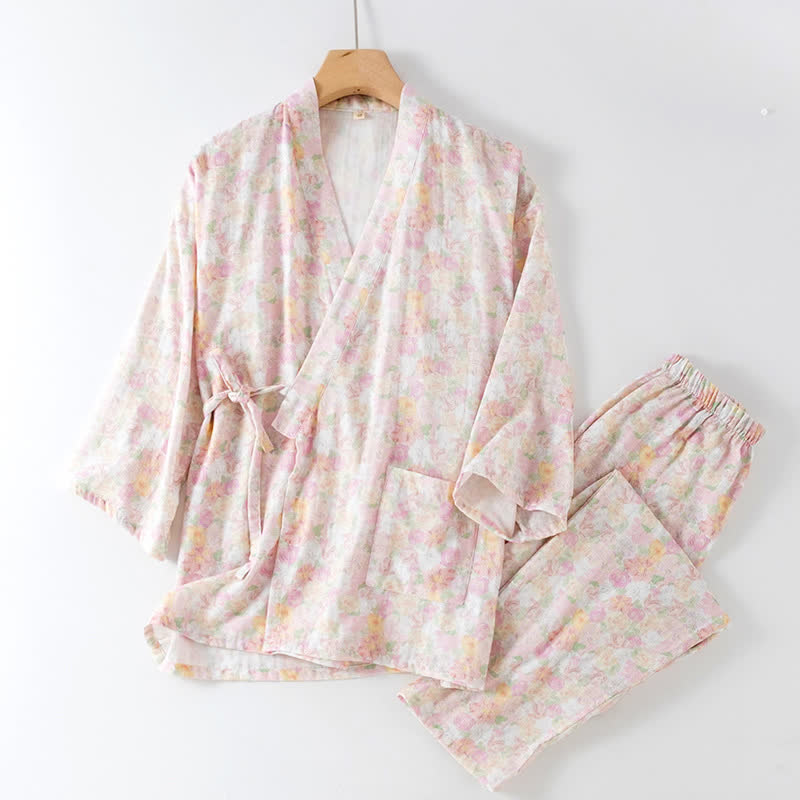 Pyjama rose en gaze de coton japonais à motif floral