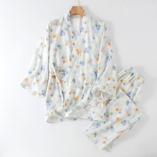 Pyjama japonais en gaze de coton à motif de roses