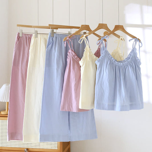 Pyjama en coton uni à volants