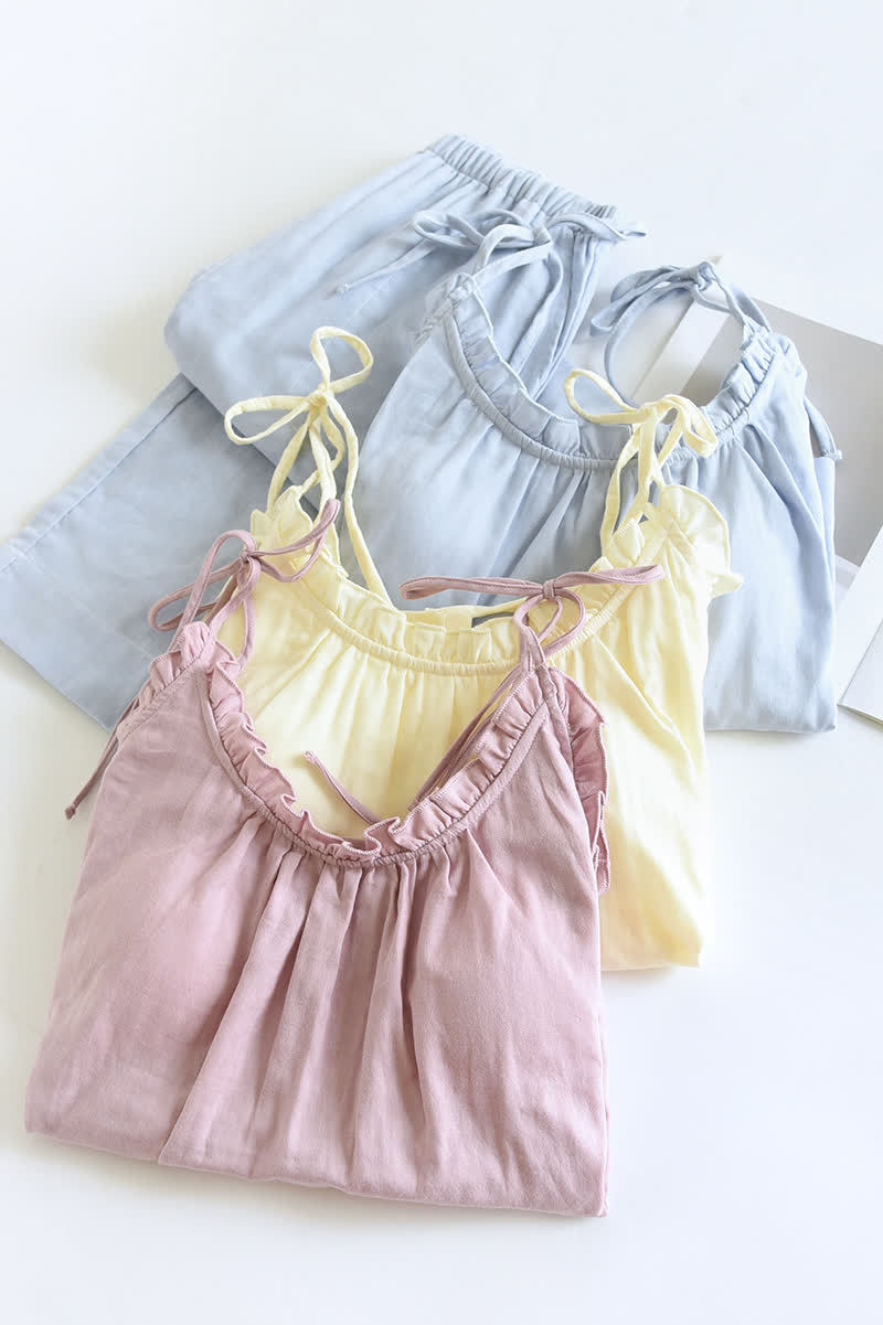 Pyjama en coton uni à volants