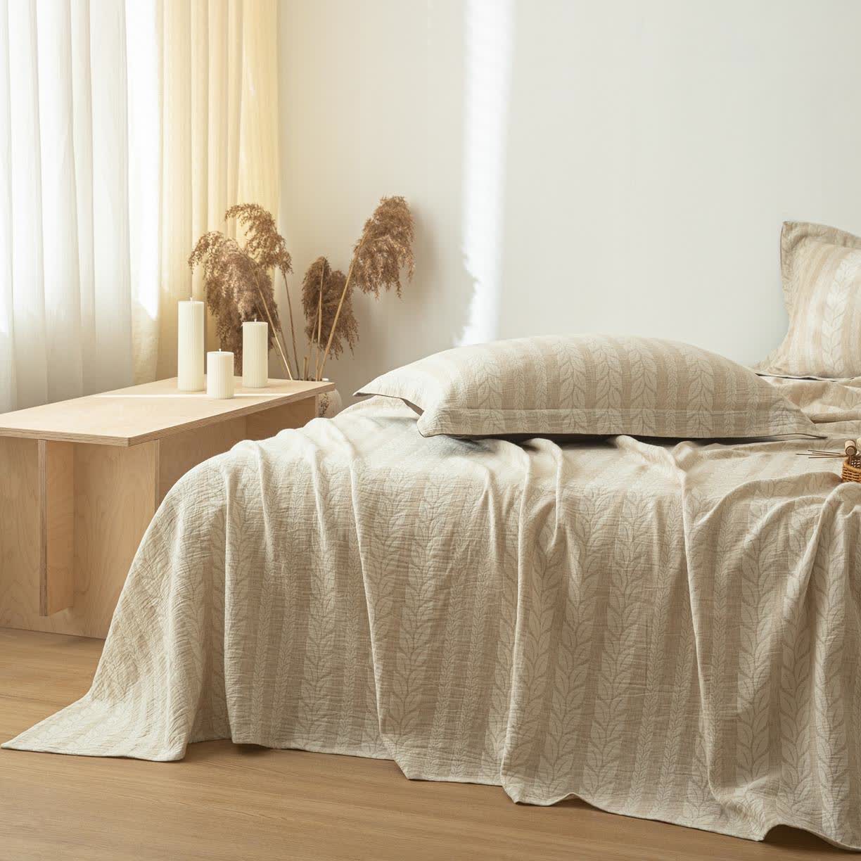 Couvre-lit en lin et coton beige texturé blé