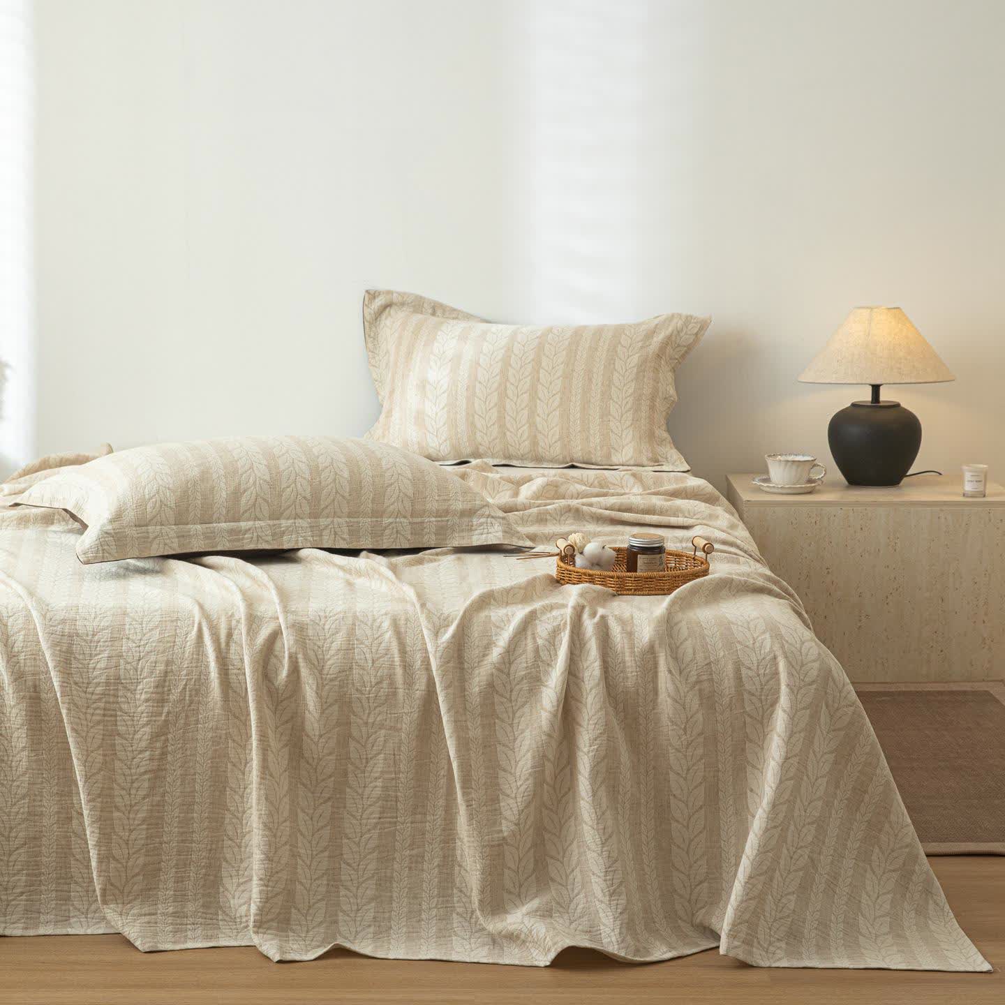 Couvre-lit en lin et coton beige texturé blé