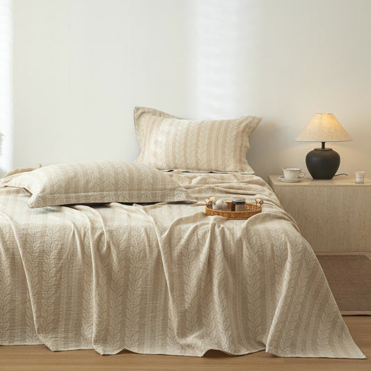 Couvre-lit en lin et coton beige texturé blé