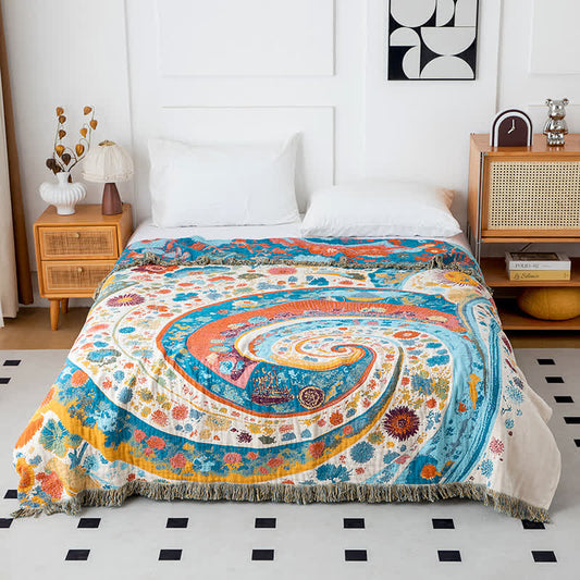 Couette en gaze de coton avec motif artistique de vagues et motif floral - 200cm x 230cm - image 1