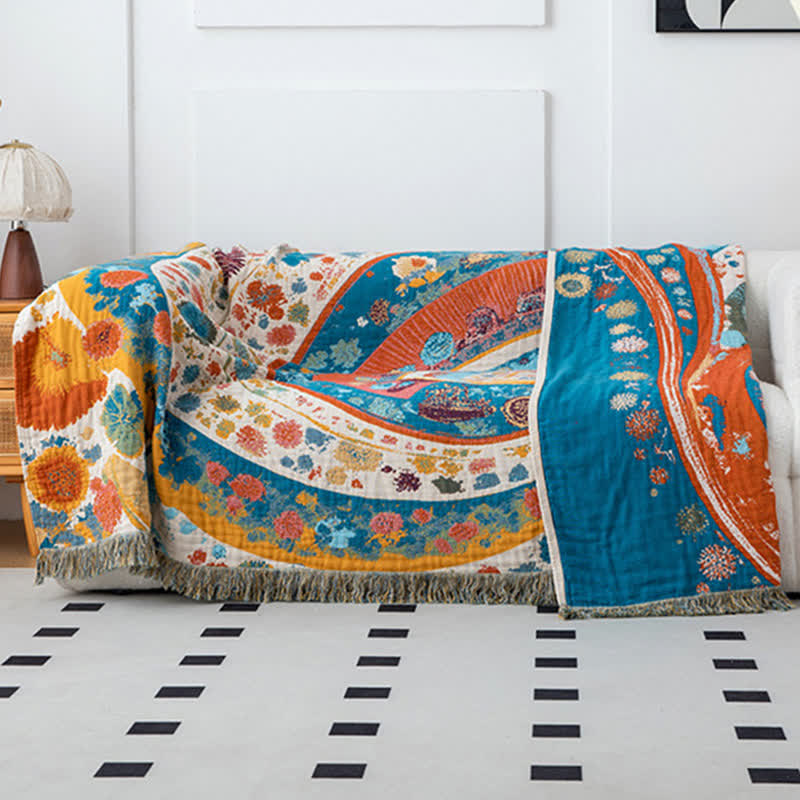Couette en gaze de coton avec motif artistique de vagues et motif floral - image 5