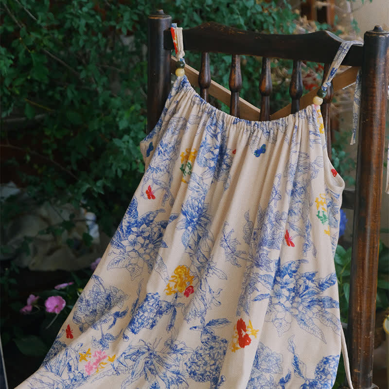 Chemise de nuit caraco en coton bleu à motif floral