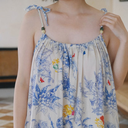 Chemise de nuit caraco en coton bleu à motif floral