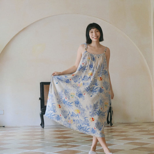 Chemise de nuit caraco en coton bleu à motif floral