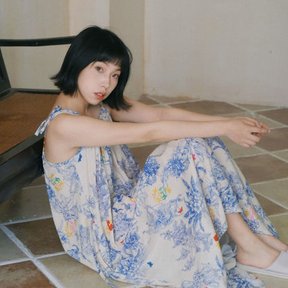 Chemise de nuit caraco en coton bleu à motif floral