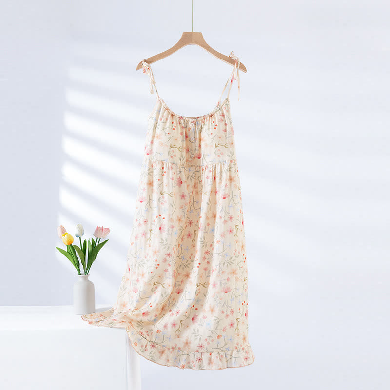 Chemise de nuit en coton matelassé à motif floral et feuilles