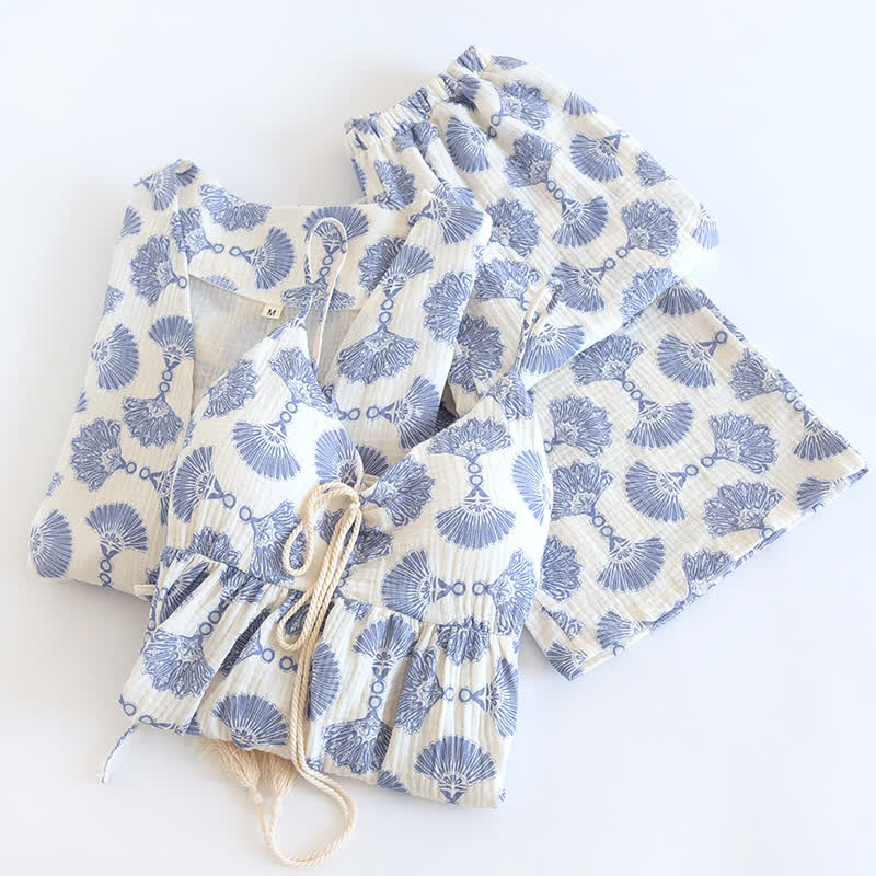 Ensemble de vêtements d'intérieur en coton bleu à imprimé éventail (3 pièces)