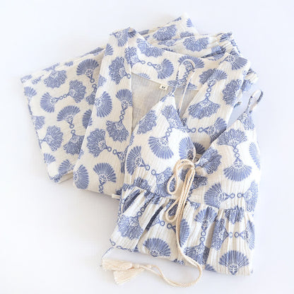 Ensemble de vêtements d'intérieur en coton bleu à imprimé éventail (3 pièces)