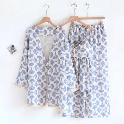 Ensemble de vêtements d'intérieur en coton bleu à imprimé éventail (3 pièces)