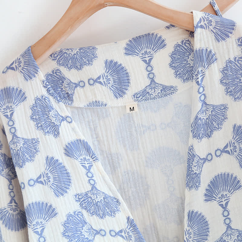 Ensemble de vêtements d'intérieur en coton bleu à imprimé éventail (3 pièces)
