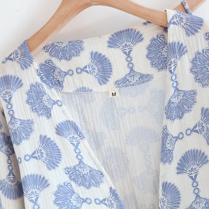 Ensemble de vêtements d'intérieur en coton bleu à imprimé éventail (3 pièces)
