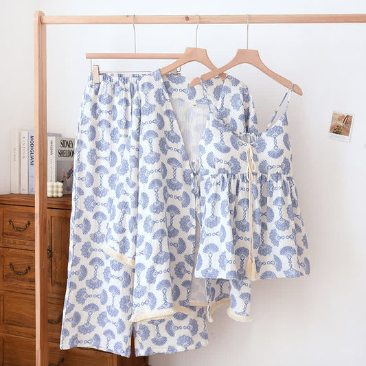 Ensemble de vêtements d'intérieur en coton bleu à imprimé éventail (3 pièces)