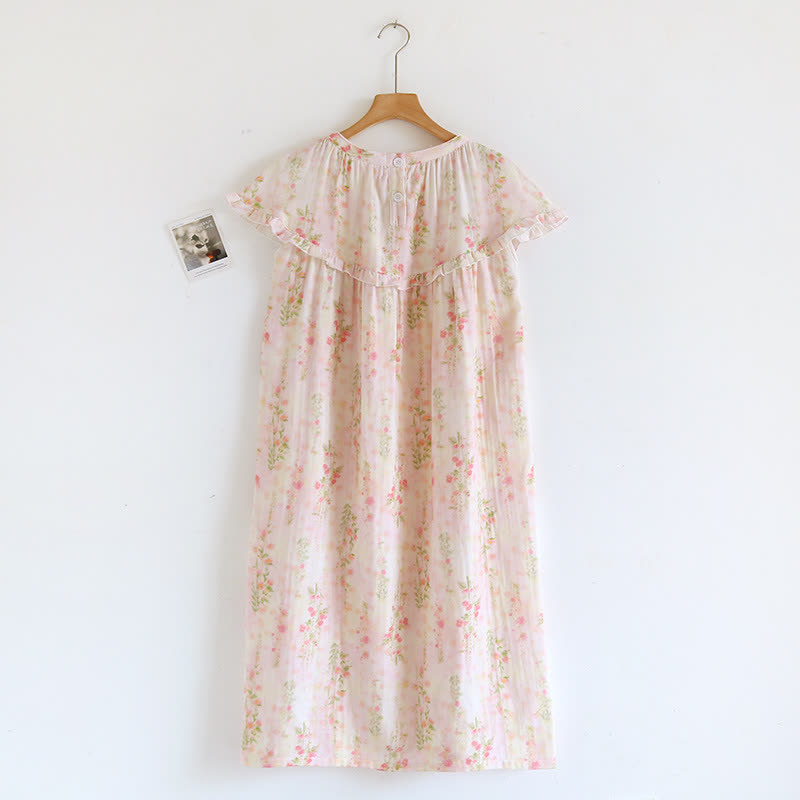 Chemise de nuit en coton avec col à volants et motif rose