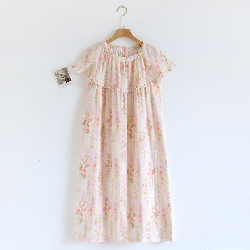 Chemise de nuit en coton avec col à volants et motif rose