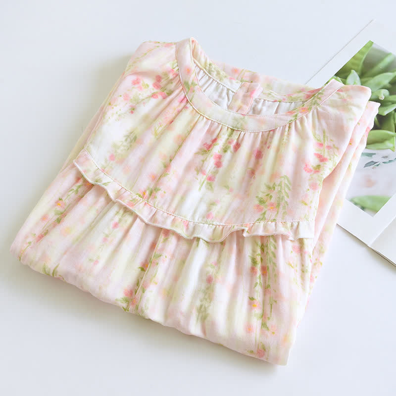 Chemise de nuit en coton avec col à volants et motif rose
