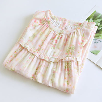 Chemise de nuit en coton avec col à volants et motif rose