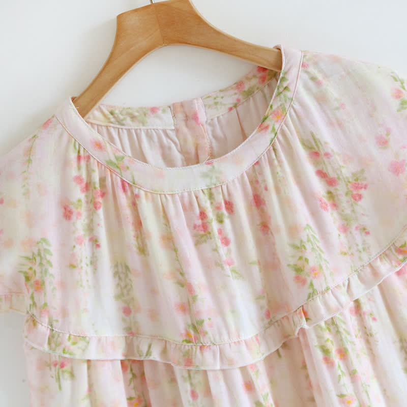 Chemise de nuit en coton avec col à volants et motif rose
