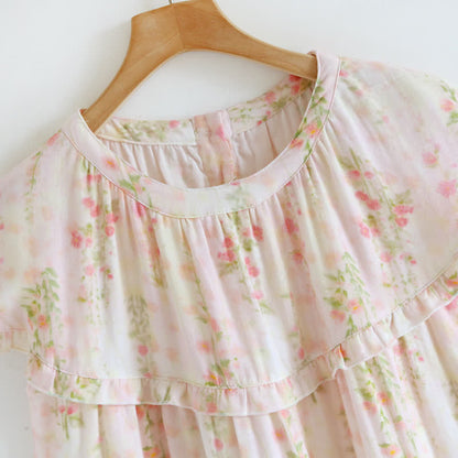 Chemise de nuit en coton avec col à volants et motif rose