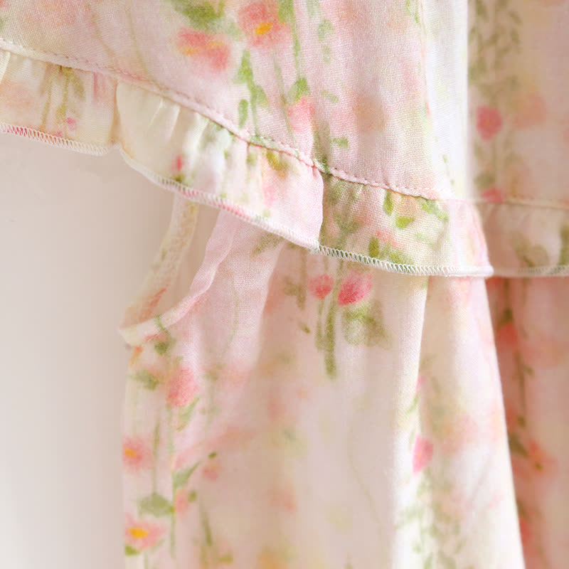 Chemise de nuit en coton avec col à volants et motif rose