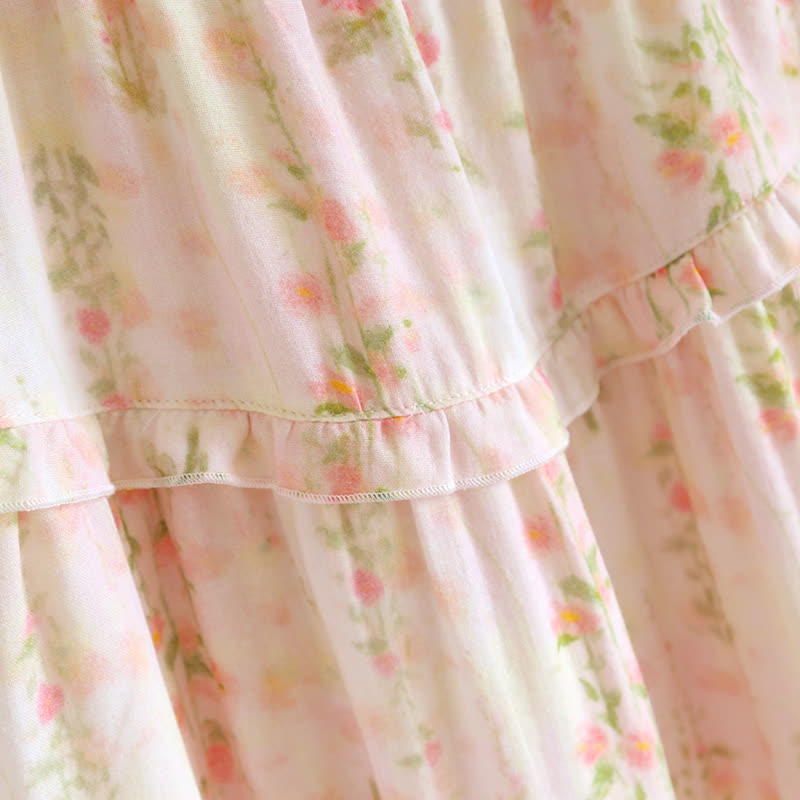 Chemise de nuit en coton avec col à volants et motif rose