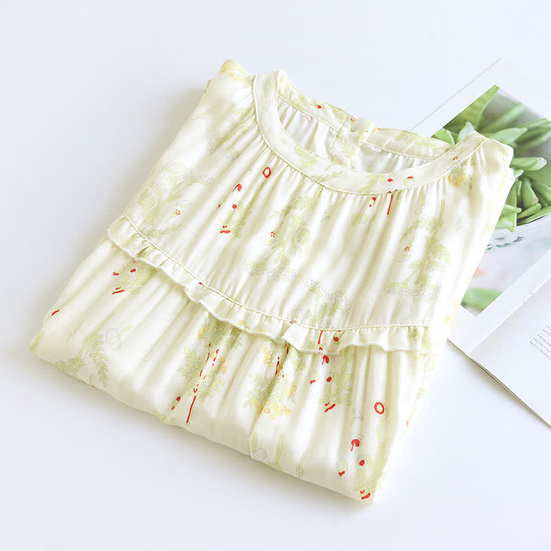 Chemise de nuit en coton vert avec col à volants et motif floral